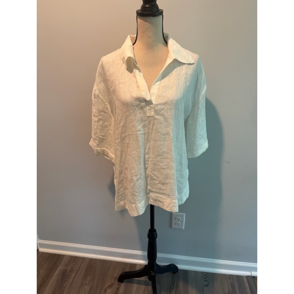 Magaschoni White 100% Linen Tunic Top Split V-Neck Elbow Sleeve size Large